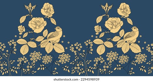 Patrón sin foco. Hermosos pájaros voladores y flores. Fondo textil