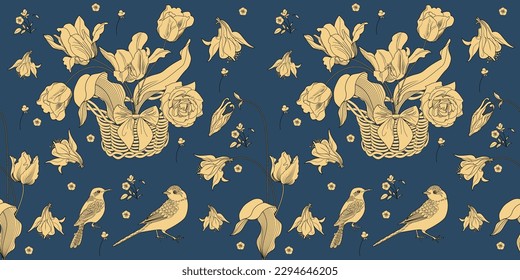 Seamless pattern. Beautiful flying birds and flowers. Textile background