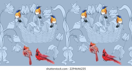 Seamless pattern. Beautiful flying birds and flowers. Textile background