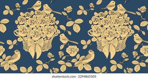Seamless pattern. Beautiful flying birds and flowers. Textile background