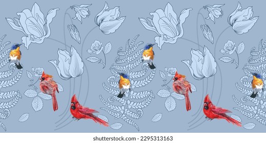 Seamless pattern. Beautiful flying birds and flowers. Textile background, line graphics. 
