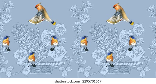 Seamless pattern. Beautiful flying birds and flowers. Textile background, line graphics. 