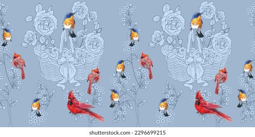 Patrón sin foco. Hermosos pájaros voladores y flores. Fondo textil, gráficos de línea. 