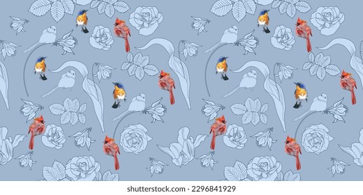Seamless pattern. Beautiful flying birds and flowers. Textile background, line graphics. 