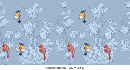 Nahtloses Muster. Schöne fliegende Vögel und Blumen. Textiler Hintergrund, Zeilengrafiken. 