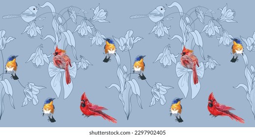 Seamless pattern. Beautiful flying birds and flowers. Textile background, line graphics. 