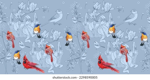 Seamless pattern. Beautiful flying birds and flowers. Textile background, line graphics. 