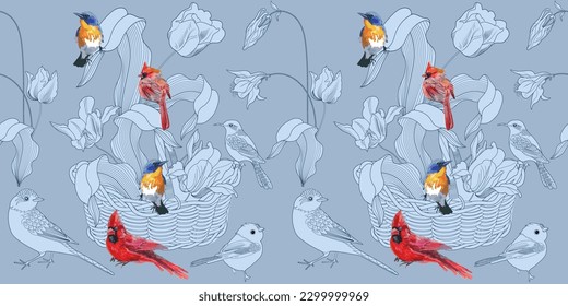 Seamless pattern. Beautiful flying birds and flowers. Textile background, line graphics.