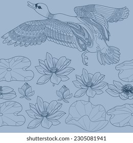 Seamless pattern. Beautiful flying birds and flowers. Textile background, line graphics. 