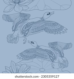 Patrón sin foco. Hermosos pájaros voladores y flores. Fondo textil, gráficos de línea. 