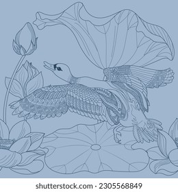 Seamless pattern. Beautiful flying birds and flowers. Textile background, line graphics. 