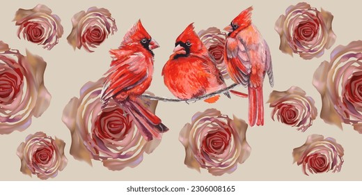 Seamless pattern. Beautiful flying birds and flowers. Textile background, line graphics.