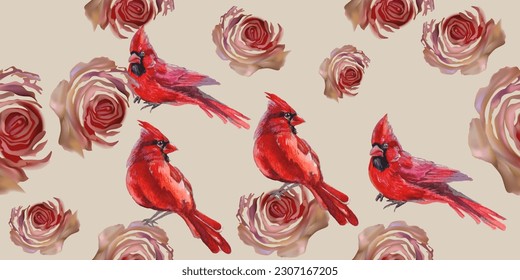 Patrón sin foco. Hermosos pájaros voladores y flores. Fondo textil, gráficos de línea.