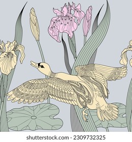 Seamless pattern. Beautiful flying birds and flowers. Textile background, line graphics. 