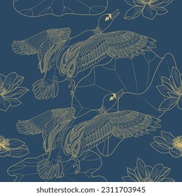 Seamless pattern. Beautiful flying birds and flowers. Textile background, line graphics. 
