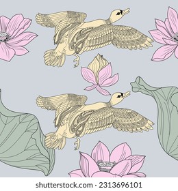 Seamless pattern. Beautiful flying birds and flowers. Textile background, line graphics. 