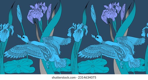 Seamless pattern. Beautiful flying birds and flowers. Textile background, line graphics. 
