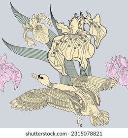 Seamless pattern. Beautiful flying birds and flowers. Textile background, line graphics. 
