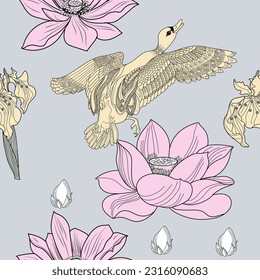 Seamless pattern. Beautiful flying birds and flowers. Textile background, line graphics. 
