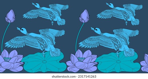 Seamless pattern. Beautiful flying birds and flowers. Textile background, line graphics. 