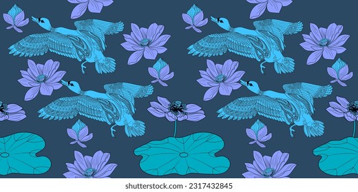 Seamless pattern. Beautiful flying birds and flowers. Textile background, line graphics. 