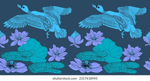 Seamless pattern. Beautiful flying birds and flowers. Textile background, line graphics. 