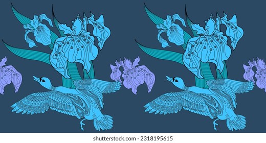 Seamless pattern. Beautiful flying birds and flowers. Textile background, line graphics. 
