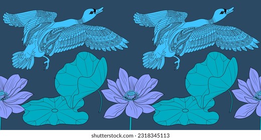 Seamless pattern. Beautiful flying birds and flowers. Textile background, line graphics. 
