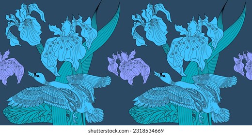 Seamless pattern. Beautiful flying birds and flowers. Textile background, line graphics. 
