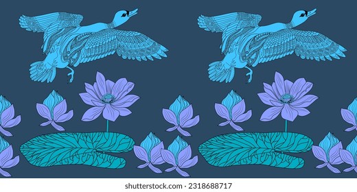 Seamless pattern. Beautiful flying birds and flowers. Textile background, line graphics. 
