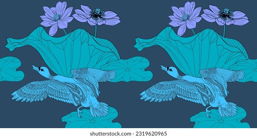 Seamless pattern. Beautiful flying birds and flowers. Textile background, line graphics. 
