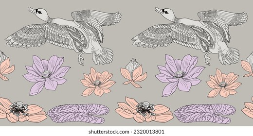 Nahtloses Muster. Schöne fliegende Vögel und Blumen. Textiler Hintergrund, Zeilengrafiken.