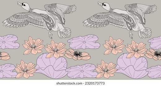 Seamless pattern. Beautiful flying birds and flowers. Textile background, line graphics.