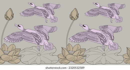 Patrón sin foco. Hermosos pájaros voladores y flores. Fondo textil, gráficos de línea.