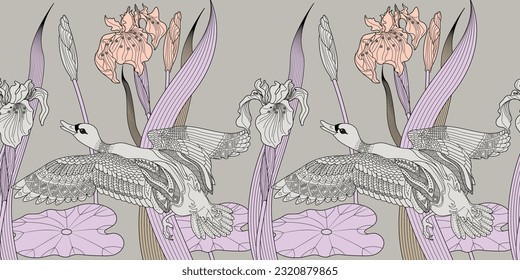 Seamless pattern. Beautiful flying birds and flowers. Textile background, line graphics.