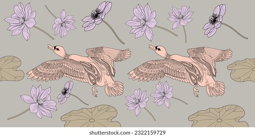 Seamless pattern. Beautiful flying birds and flowers. Textile background, line graphics. 