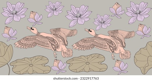 Seamless pattern. Beautiful flying birds and flowers. Textile background, line graphics. 