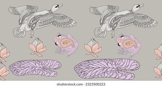 Seamless pattern. Beautiful flying birds and flowers. Textile background, line graphics. 