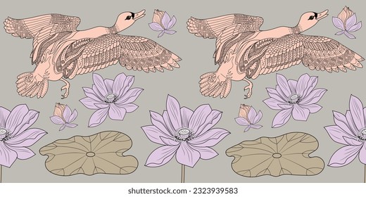 Seamless pattern. Beautiful flying birds and flowers. Textile background, line graphics. 