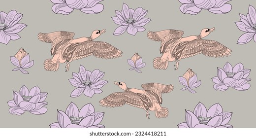 Seamless pattern. Beautiful flying birds and flowers. Textile background, line graphics. 