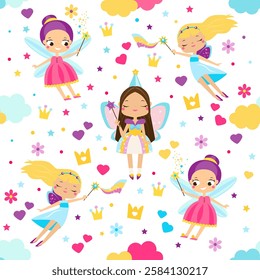 Seamless pattern with beautiful flying fairy princess. Vector background with elf girls for party invitations, gift wrapping, scrapbook papers and other children design