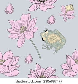 Seamless pattern. Beautiful flying and flowers and frog. Textile background, line graphics.