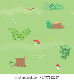 Seamless pattern: a beautiful forest glade with flowers, plants,herbs, tree stumps, ferns and mushrooms. Cute forest cartoon landscape. Vector illustration. 