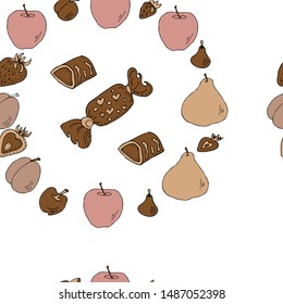 Seamless pattern beautiful fruit wreath. Chocolate sweets.