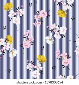 Seamless pattern beautiful full of blooming flowers and leaves bright mood on navy blue stripe Design for fashoin fabric ,wallpaper book , card and etc