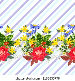 Seamless pattern with beautiful garden flowers on striped background. Flower background for textile, cover, wallpaper, gift packaging, printing.Romantic design for calico, silk.