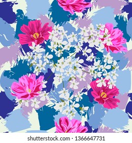 Seamless pattern with beautiful garden flowers on colorful background of brush strokes. Flower background for textile, cover, wallpaper, gift packaging, printing.Romantic design. Vector.