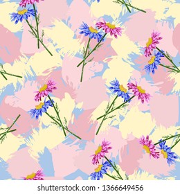 Seamless pattern with beautiful garden flowers on colorful background of brush strokes. Flower background for textile, cover, wallpaper, gift packaging, printing.Romantic design. Vector.