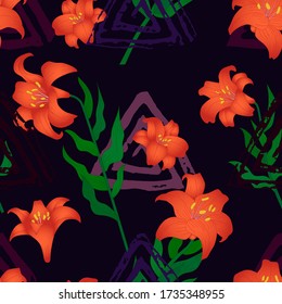 Seamless pattern with beautiful garden flowers - red lilies. Repetition texture with botanic objects for wrapping paper, web background or textile design. Vector illustration