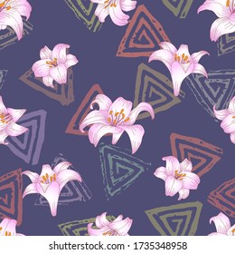 Patrón sin foco con hermosas flores de jardín - lirios rosados claros y fondo abstracto. Textura de repetición con objetos botánicos para envolver papel, web o diseño textil. Ilustración del vector